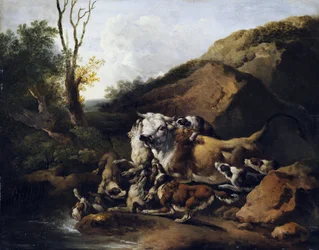Aurochs Fighting a Pack of Hunting Dogs